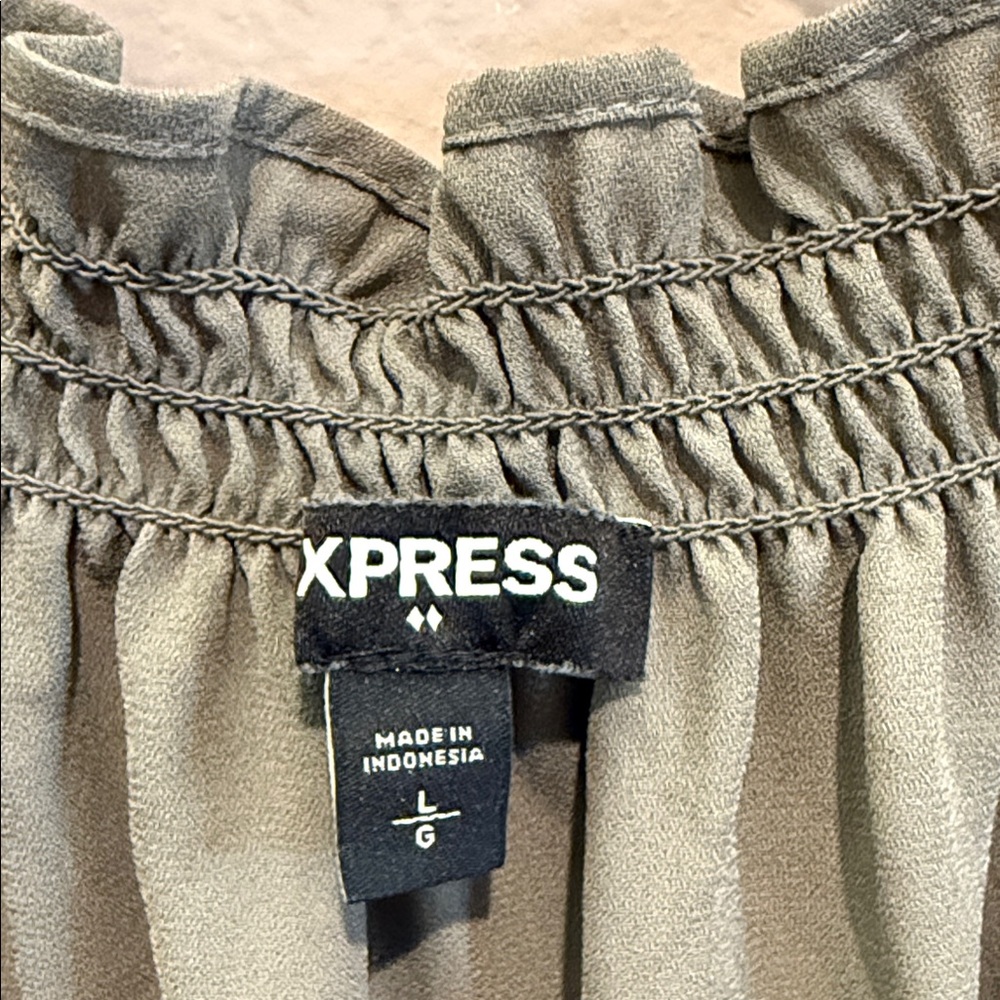 Express Olive Button-Down Ruffle Blouse - image 2